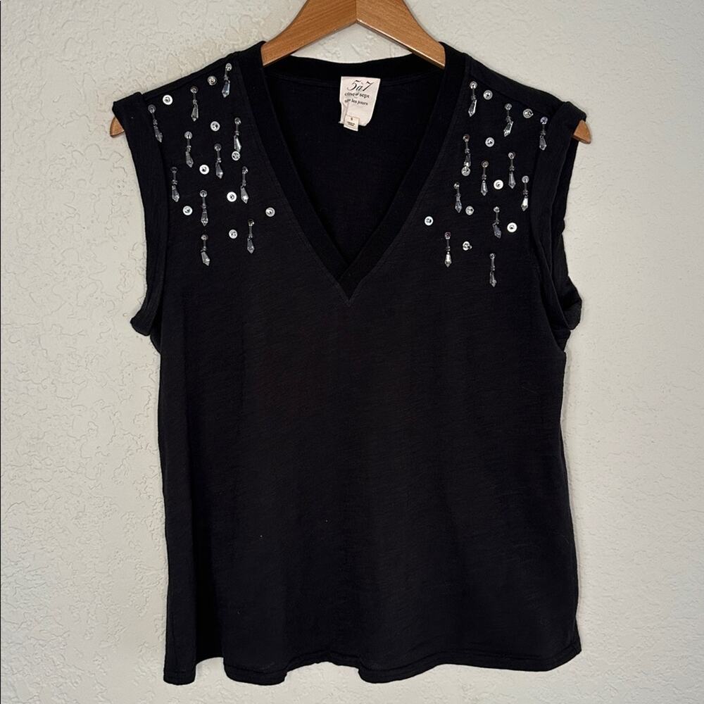 Cinq a Sept Bejeweled Crystal Black Top Sleeveless Embellished Sparkle Glam Top